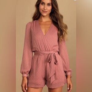 EUC Lulus Closer Look Dusty Rose Swiss Dot Tie-Sleeve Romper size large